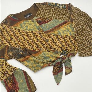 Carole Little Multicolor Patchwork Tie-Front Blouse in Mustard, Teal & Rust